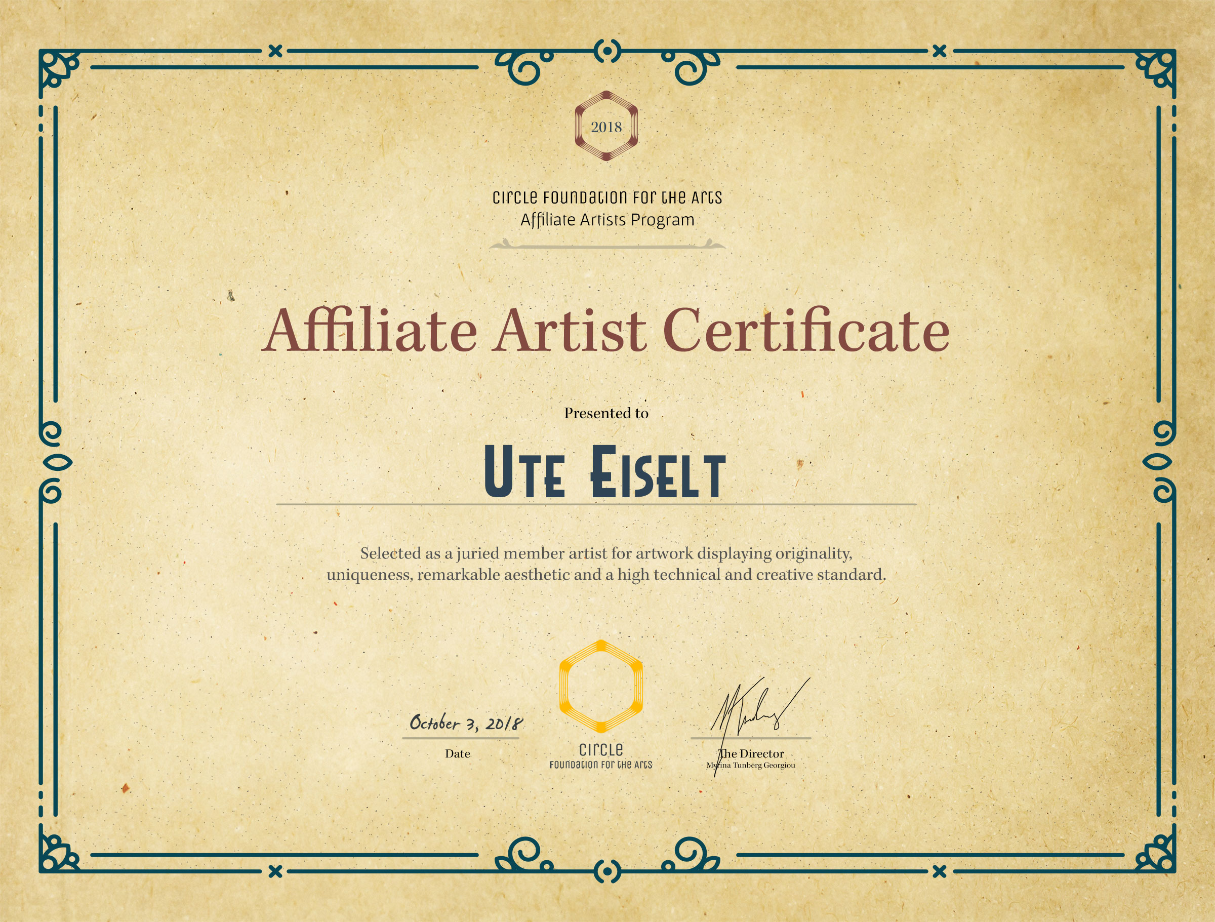 Ute Eiselt Circle Affiliate Artist Certificate2